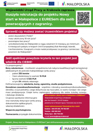 Trwa rekrutacja do Projektu: „Nowy start w Małopolsce z EURESem".