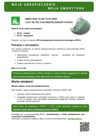 KRUS przypomina – zadbaj o swój staż ubezpieczeniowy i przyszłą emeryturę