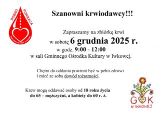ZBIÓRKA KRWI – 6 GRUDNIA 2025 r. W GOK W IWKOWEJ