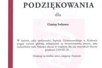 Podziękowania dla Gminy Iwkowa za wsparcie dla szpitala